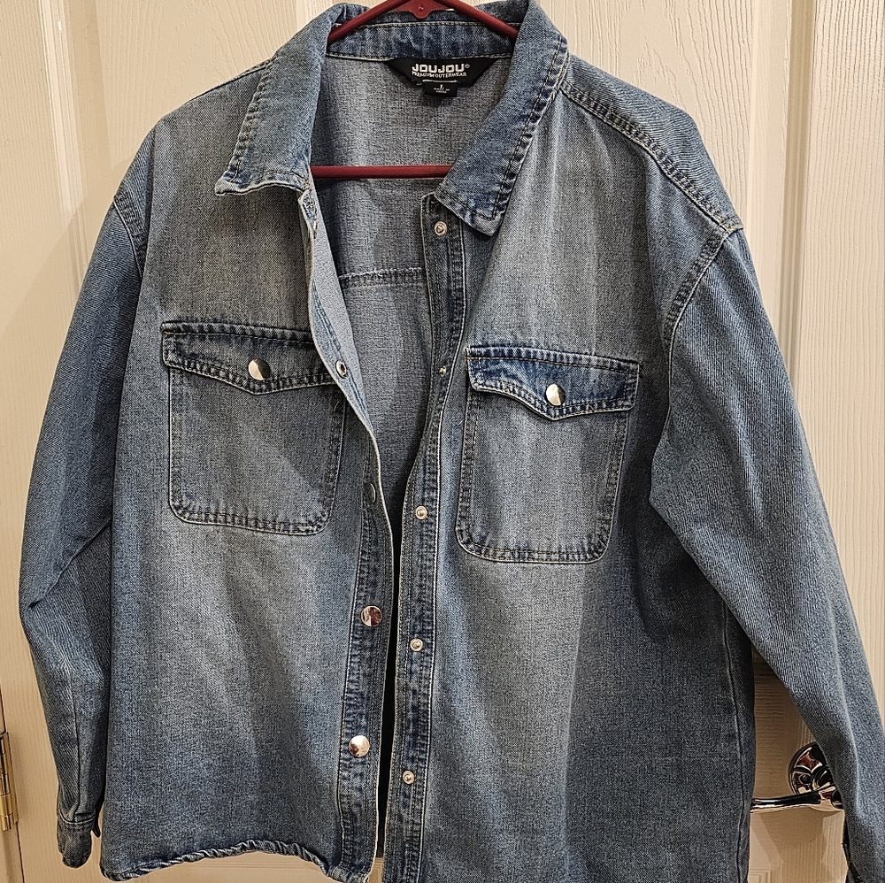 Jou Jou Oversized Denim Shirt Jacket Shacket Blue Jean Button Front L